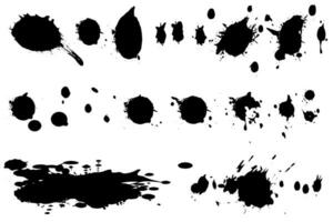 Vector set of ink splashes. Black inked splatter dirt stain splattered spray splash with drops blots isolated.