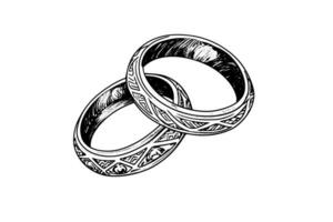 Vector hand drawn illustration of wedding jewelry rings in vintage engraved style.