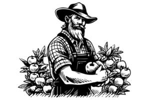 Happy farmer in hat with the harvest in hand engraving style. Hand drawn ink sketch. Vector logotype illustration.