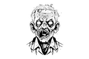 Zombie head or face ink sketch. Walking dead hand drawing vector illustration.