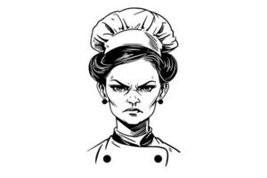 Angry woman chef ink sketch in engraving style.  Drawing young female vector illustration.