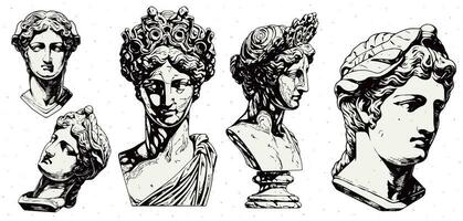 conjunto de antiguo estatua cabeza de griego escultura bosquejo grabado estilo vector ilustración embalar.
