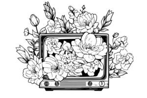 Retro floral television vector illustration. Engraving style ink sketch.