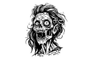 Zombie head or face ink sketch. Walking dead hand drawing vector illustration.