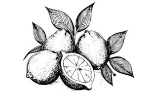 Hand drawn ink sketch vector illustration of lemon. Citrus in engraving style vector illustration.