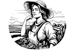 A woman farmer harvesting in the field in engraving style. Drawing ink sketch vector illustration.