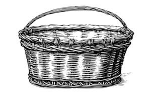 Hand drawn sketch of wicker basket. Engraved style vector illustration. Template for your design works.