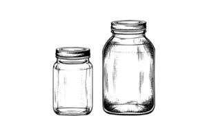 Empty glass jars ink sketch. Vector vintage black engraving illustration.