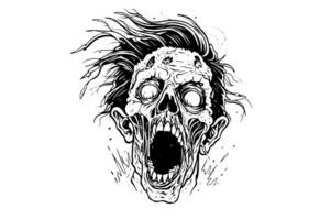 Zombie head or face ink sketch. Walking dead hand drawing vector illustration.