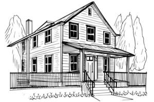 Vector black and white ink sketch of vintage wooden house. Engraving style illustration.