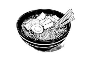 Ramen Noodle Japanese Food Vector Engraving style Illustration. Ink sketch Logo or Menu Concept.