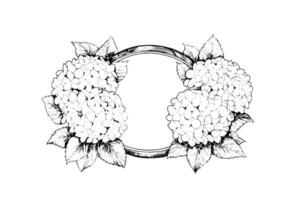 Hand drawn ink sketch hoop with hydrangea flowers. Vector illustration in engraving style.