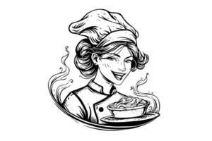 Smiley woman chef ink sketch in engraving style.  Drawing young female vector illustration.