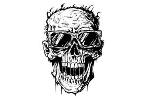 Zombie head on sunglasses or face ink sketch. Walking dead hand drawing vector illustration.