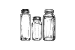 Empty glass jars ink sketch. Vector vintage black engraving illustration.