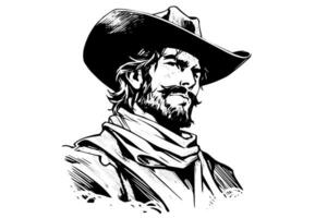 Cowboy bust or head on hat in engraving style. Hand drawn ink sketch. Vector illustration.