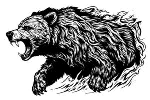Ink hand drawing sketch bear mascot or logotype. Vector Illustration in engraving style.