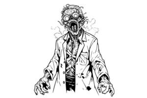 Zombie doctor or scientist ink sketch. Walking dead hand drawing vector illustration.