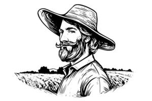 Happy farmer in hat engraving style. Hand drawn ink sketch. Vector logotype illustration.