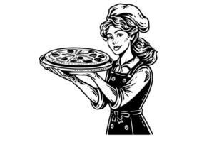 Woman chef with pizza ink sketch in engraving style.  Drawing young female vector illustration.