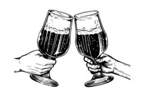 Two beer glasses cheers hand drawn ink sketch. Engraving vintage style vector illustration.