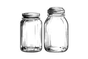 Empty glass jars ink sketch. Vector vintage black engraving illustration.