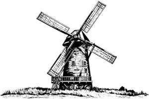 Windmil in the field hand drawn vintage sketch. Engraving style vector illustration.