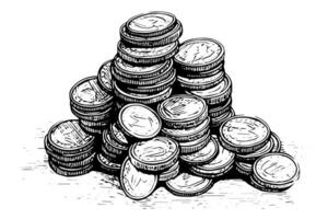 Stack of coins money in engraving style. Hand drawn ink sketch. Vector illustration.