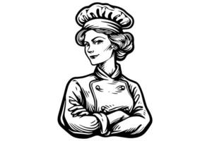 Woman chef ink sketch in engraving style.  Drawing young female vector illustration.