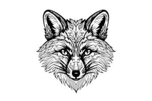 Fox logotype mascot hand drawn ink sketch. Vector illustration in engraving style.
