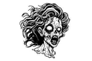 Zombie head or face ink sketch. Walking dead hand drawing vector illustration.