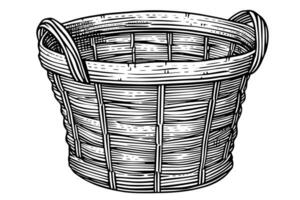 Hand drawn sketch of wicker basket. Engraved style vector illustration. Template for your design works.