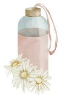 Water Bottle with daisy Flowers. Hand drawn watercolor illustration of a pink reusable glass jar on a white isolated background. Drawing of drink with chamomile for icon. Feminine floral sketch vector