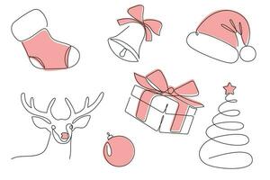 Christmas set drawn in one continuous line in color. One line drawing, minimalism. Vector illustration.