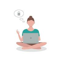 Computer security. Young woman sitting on the floor with laptop. Freelance, online studying, home office. Flat cartoon vector illustration.