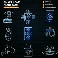 inteligente hogar íconos conjunto de brillante neón estilo. popular señales para casa automatización interfaz. vector