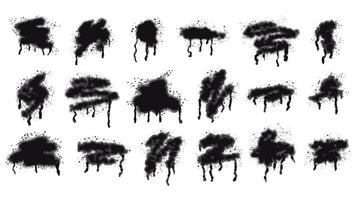 Set of black ink stains painted with aerosol spray with drops and smudges. Collection of graffiti, street art, stencil, template. Vector isolated on white