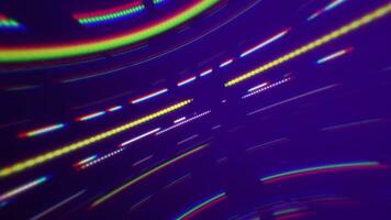 Trendy retro cyberpunk background with glowing neon lines, dashed lines and dots moving across the frame. Full HD, looping abstract motion background animation with chromatic aberration effect. video