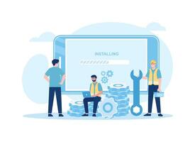 el personas son trabajando en instalando en el computadora concepto plano ilustracion vector