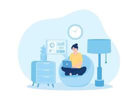 woman working in front of living room using laptop concept flat illustration vector