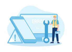 the worker is repairing an error cellphone software concept flat illustration vector