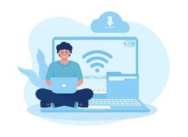 man is downloading files and installing software on laptop concept flat illustration vector