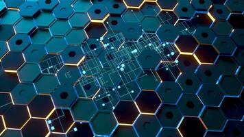 Glowing hexagonal cubes background, hi-tech cyberspace, 3d rendering. video