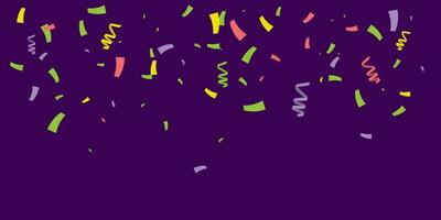 Colorful confetti isolated on dark background. Vector banner background with colorful serpentine ribbons, space for your text in the center. Anniversary, holiday, greeting illustration in simple flat