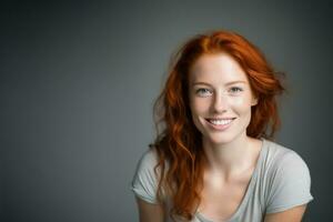 portrait of a happy young woman with red hair and freckles, AI generative photo