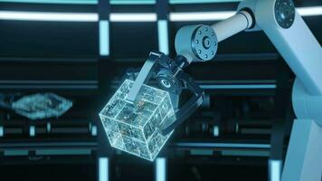 Mechanical arm and cube in a futuristic room, 3d rendering. video