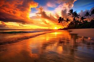 Sunset at tropical sand beach with dramatic clouds and palm tree silhouettes, AI generative photo