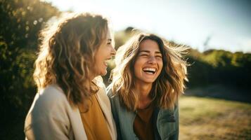 dos rubio joven mujer riendo y teniendo divertido juntos en naturaleza, ai generativo foto