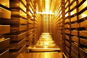 bóveda lleno de apilado oro barras o oro ladrillos, ai generativo foto