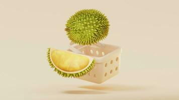 ciclo continuo animazione di durian con shopping cestino, 3d resa. video